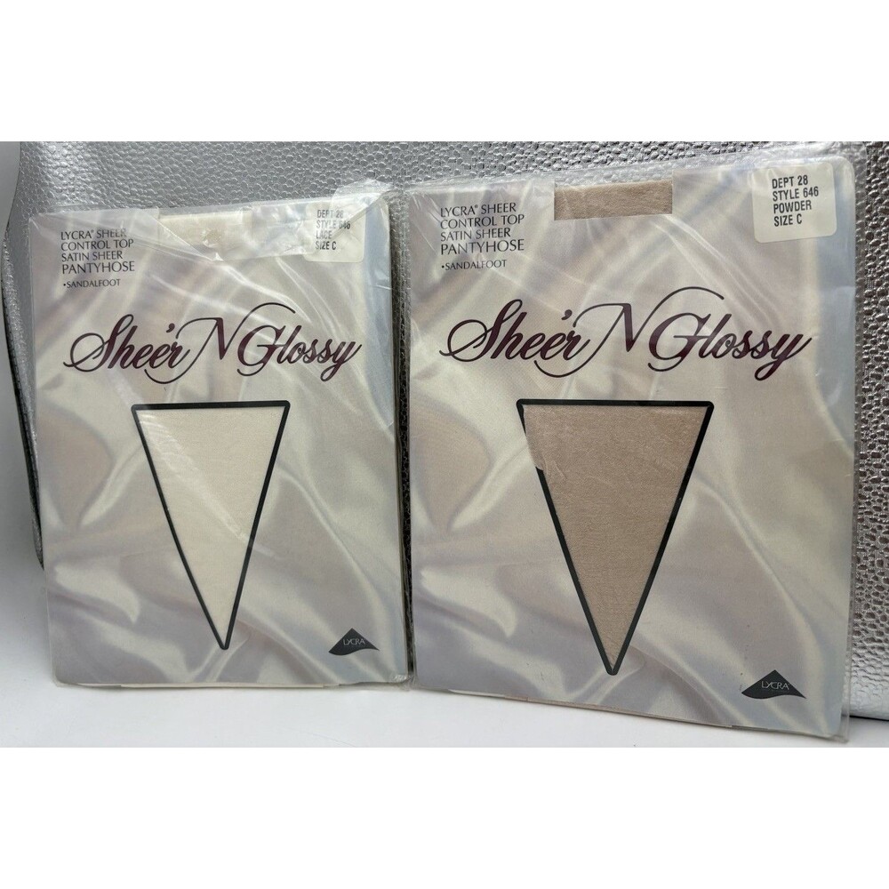 Vintage Sheer N Glossy Pantyhose Lot 2 Size C Control Top Lace Powder NOS USA